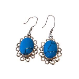 Vintage Mexico 925 Sterling Silver Oval Turquoise Dangle French Wire Earrings